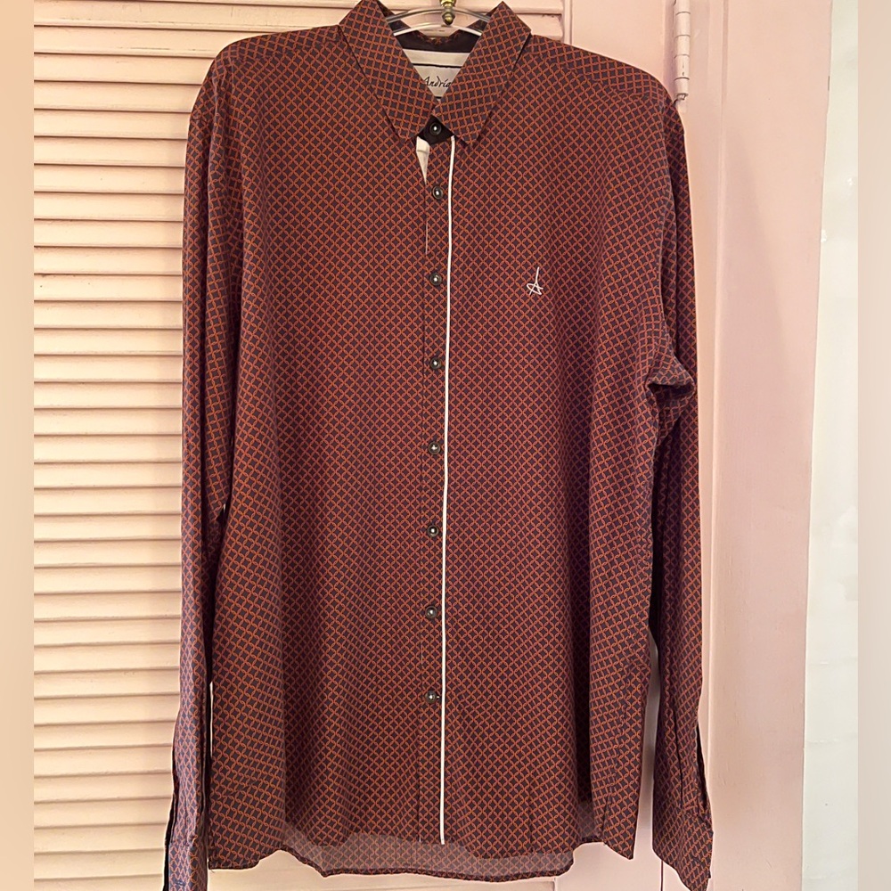 Andriali Men's Size L Slim Fit Long Sleeve Button-Up Shirt Red Navy Geometric